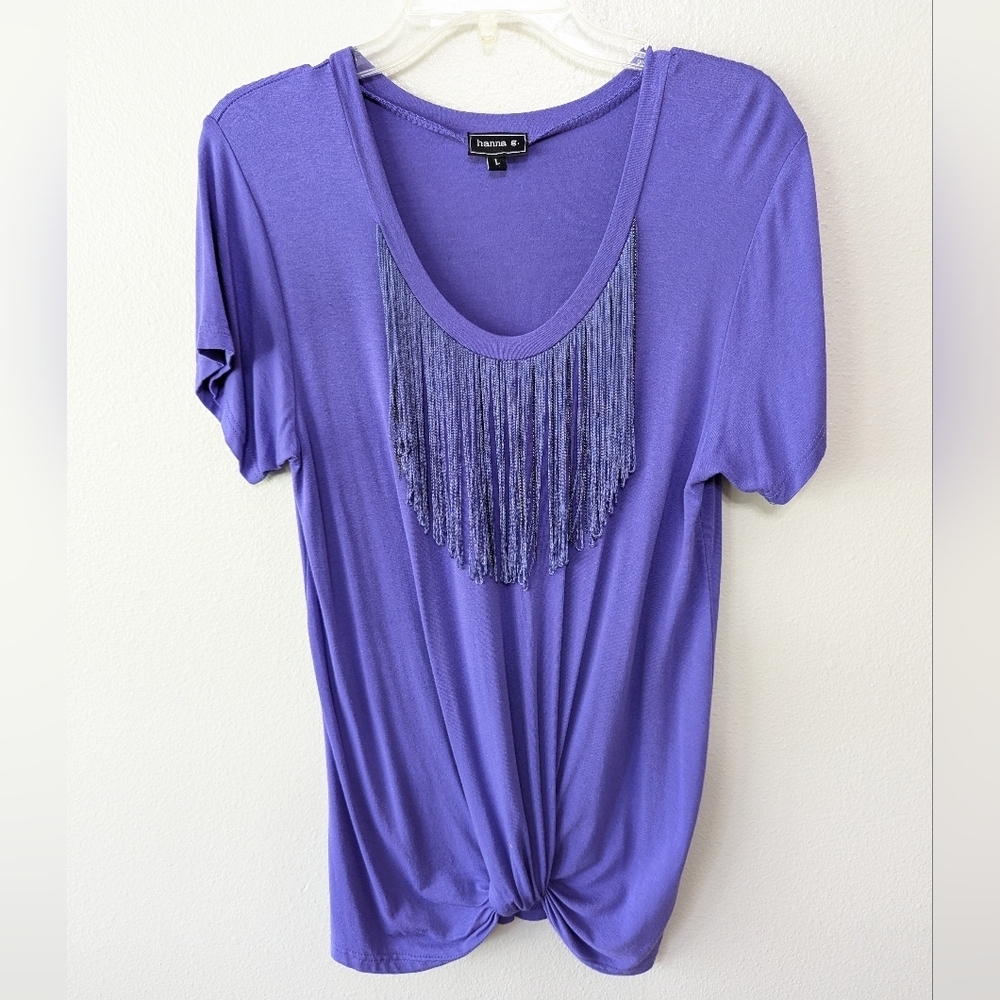 Hanna G. Women's purple short sleeve top with fringe size L
